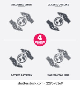 Worldwide insurance sign icon. Hands protect cover planet symbol. Travel insurance. World peace. Diagonal and horizontal lines, classic outline, dotted texture. Pattern design icons.  Vector