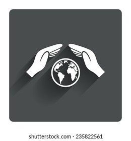 Worldwide insurance sign icon. Hands protect cover symbol. Travel insurance. World peace. Save planet. Gray flat square button with shadow. Modern UI website navigation. Vector