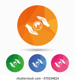 Worldwide insurance sign icon. Hands protect cover planet symbol. Travel insurance. World peace. Triangular low poly button with flat icon. Vector
