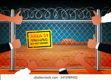 Worldwide interest in zone 51. Area 51 in Nevada behind barbed wire with a sign of danger not to enter. Vector illustration in cartoon style