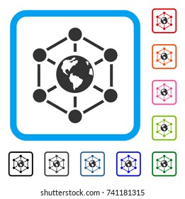 Worldwide Internet icon. Flat grey pictogram symbol in a light blue rounded squared frame. Black, gray, green, blue, red, orange color variants of Worldwide Internet vector.
