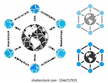 Worldwide internet mosaic of uneven pieces in different sizes and color tints, based on worldwide internet icon. Vector unequal pieces are united into mosaic.