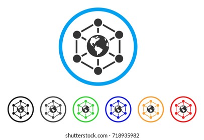 Worldwide Internet rounded icon. Style is a flat Worldwide internet grey symbol inside light blue circle with black, gray, green, blue, red, orange versions.