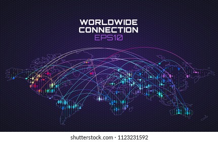 Worldwide internet social communication. Data stream trajectory, cloud computing abstract background. Global network