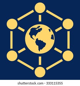 Worldwide Internet vector icon. Style is flat symbol, yellow color, rounded angles, blue background.