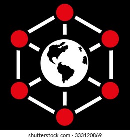 Worldwide Internet vector icon. Style is bicolor flat symbol, red and white colors, rounded angles, black background.