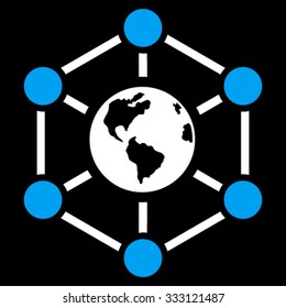 Worldwide Internet vector icon. Style is bicolor flat symbol, blue and white colors, rounded angles, black background.