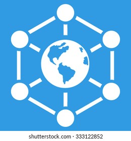 Worldwide Internet vector icon. Style is flat symbol, white color, rounded angles, blue background.