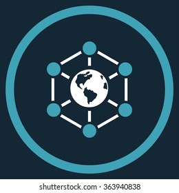 Worldwide Internet vector icon. Style is bicolor flat circled symbol, blue and white colors, rounded angles, dark blue background.