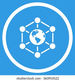 Worldwide Internet vector icon. Style is flat circled symbol, white color, rounded angles, blue background.
