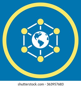 Worldwide Internet vector icon. Style is bicolor flat circled symbol, yellow and white colors, rounded angles, blue background.