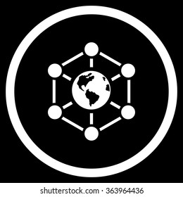 Worldwide Internet vector icon. Style is flat circled symbol, white color, rounded angles, black background.