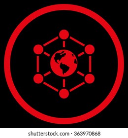 Worldwide Internet vector icon. Style is flat circled symbol, red color, rounded angles, black background.