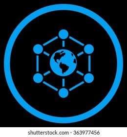 Worldwide Internet vector icon. Style is flat circled symbol, blue color, rounded angles, black background.