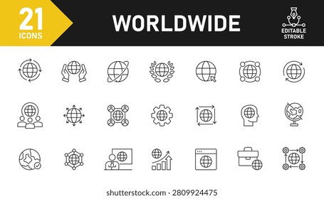 Worldwide line icon set. Set of 21 outline icons related to worldwide, international, world, global, sphere and others. Editable stroke. Vector illustration.
