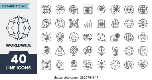 Worldwide line icons set with editable stroke. Containing global, earth, world, international, sphere, globe, network and more. Vector illustration