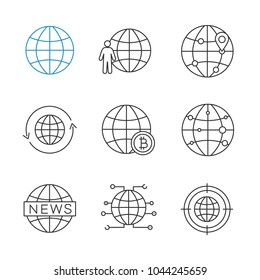 Worldwide linear icons set. Globe, planet population, route, around the world, global bitcoin, internet connection. Thin line contour symbols. Isolated vector outline illustrations. Editable stroke