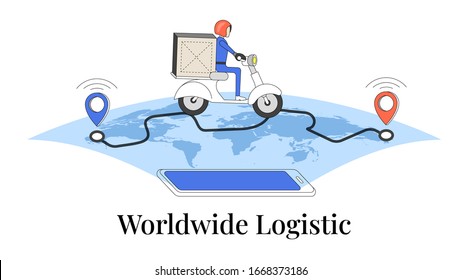 Worldwide logistic creative concept. Light outline drawing style. Isolated illustration for your design, infographic, landing page or app designing.
