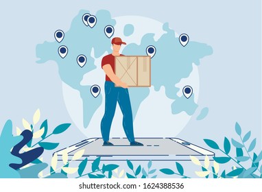 Worldwide Logistic Delivery Online Mobile Service. Man Courier Character Carrying Package Box Standing on huge Smartphone. GPS Tracking System. Order Cargo Shipment Support. Transportation Area on Map