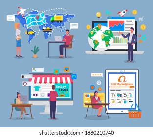 Worldwide logistics, b2b marketplace, shipping and delivery around world, analysing statistics, sell in online store or shop, spending money in internet, globe with world and navigation, cutomers