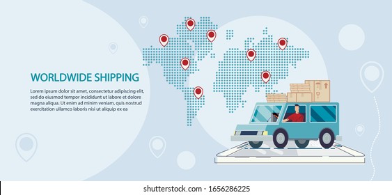 Worldwide Lorry Truck Shipping and Logistics Service Advertisement. Van Vehicle Loaded with Cardboard Parcels, World Map with Location Destination Marks. Cargo Transportation, Freight Shipment