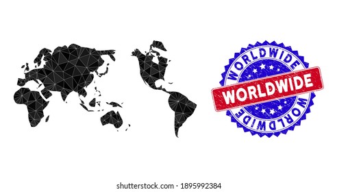 Worldwide map polygonal mesh with filled triangles, and rubber bicolor rubber seal. Triangle mosaic worldwide map with mesh vector model, triangles have different sizes, and positions,