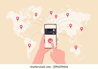 Worldwide money transactions, business, mobile banking and mobile payments. A person uses a smartphone to send money around the world.  - Shutterstock ID 2094299644