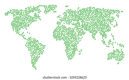 Worldwide mosaic map organized of dollar design elements. Vector dollar scattered flat elements are united into mosaic continent pattern.