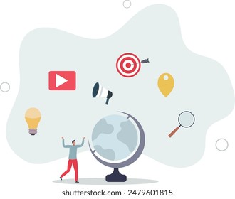 Worldwide network with ads, internet banners or promotion with SEO search tools .flat illustration.