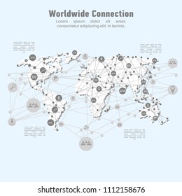 Worldwide network connection. World map points and lines concept of global business, international meaning. Internet technology. Vector illustration