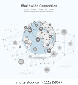 Worldwide network connection. World map points and lines concept of global business, international meaning. Internet technology. Vector illustration
