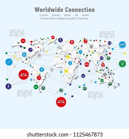 Worldwide network connection. World map points and lines concept of global business, international meaning. Internet technology. Vector illustration