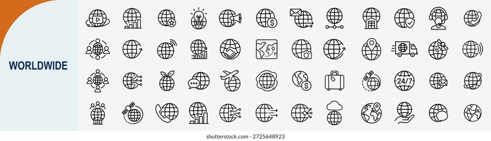 worldwide network line icon set for global communication and business connectivity vector