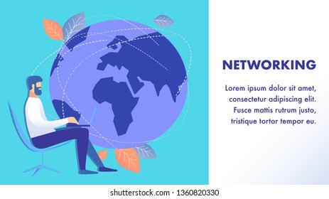 Worldwide Networking Flat Banner Vector Template. Company Man Sitting in Chair Cartoon Character. Businessman Working with Laptop, Planning Business development Strategy. Illustration with Copyspace