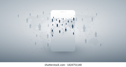 Worldwide Networks - Modern Style Global Business Connections and Social Media Concept Design with Map and Smartphone Silhouette