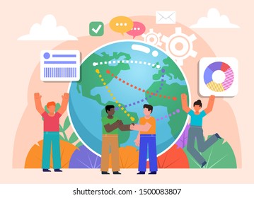 Worldwide online business, agreement, deal, partnership. Group of people stand near big earth globe. Flat design vector illustration