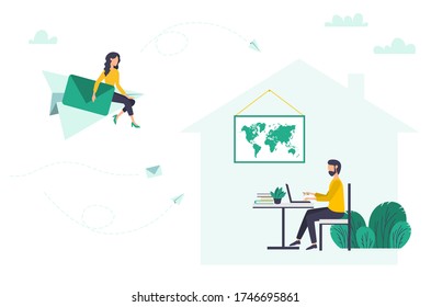 Worldwide online chat, man and woman speaking online, vector