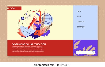 Worldwide online education and reading web pages templates vector. Student training and learning, knowledge, Internet site mockup. Lectures, literature and classes, Bachelor or Master degree receiving