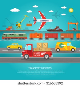 Worldwide operating logistics company cargo transportation and delivery service concept flat banner abstract vector illustration