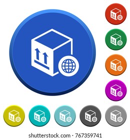 Worldwide package transportation round color beveled buttons with smooth surfaces and flat white icons