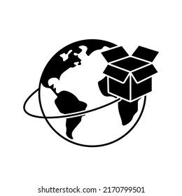 Worldwide parcel delivery vector black icon EPS10. Planet with a flying box. Flat for app, graphic, web, ui, ux, gui. Flat isolated logo or symbol on white background. Shopping around the world.