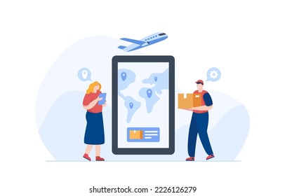 Worldwide Parcel Services. Track parcels on smartphone. Vector illustration