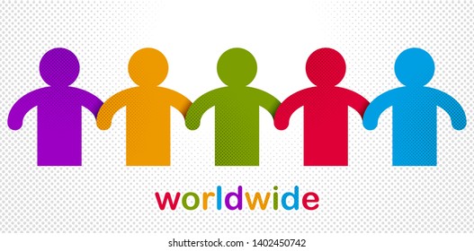 Worldwide people global society concept, different races solidarity, we stand as one, togetherness and friendship allegory, world unity cooperation, vector illustration logo or icon.