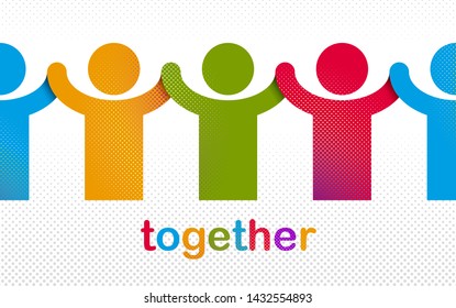 Worldwide people global society concept, different races solidarity, we stand as one, togetherness and friendship allegory, world unity cooperation, vector illustration logo or icon.