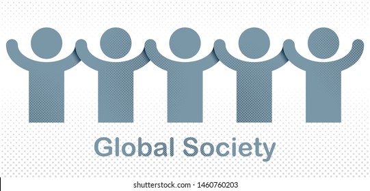 Worldwide people global society concept, different races solidarity, we stand as one, togetherness and friendship allegory, world unity cooperation, vector illustration logo or icon.