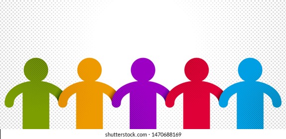 Worldwide people global society concept, different races solidarity, we stand as one, togetherness and friendship allegory, world unity cooperation, vector illustration logo or icon.