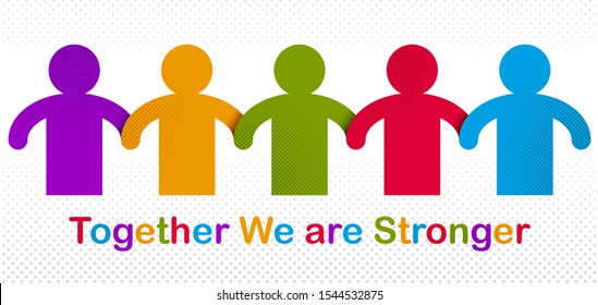 Worldwide people global society concept, different races solidarity, we stand as one, togetherness and friendship allegory, world unity cooperation, vector illustration logo or icon.