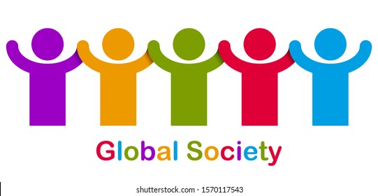 Worldwide people global society concept, different races solidarity, we stand as one, togetherness and friendship allegory, world unity cooperation, vector illustration logo or icon.