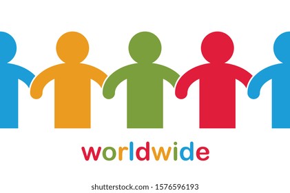 Worldwide people global society concept, different races solidarity, we stand as one, togetherness and friendship allegory, world unity cooperation, vector illustration logo or icon.