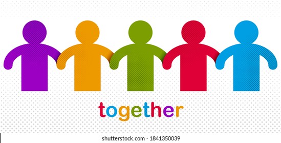 Worldwide people global society concept, different races solidarity, we stand as one, togetherness and friendship allegory, world unity cooperation, vector illustration logo or icon.